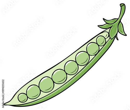 Cartoon style illustration of a vibrant green pea pod with fresh sweet peas inside