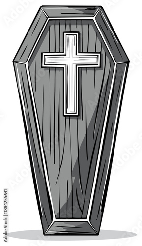 Simple Gray Cartoon Coffin with White Cross Symbol Isolated on a White Background for Halloween Decorations