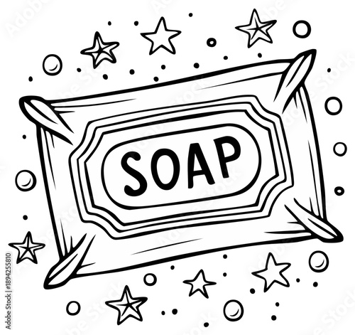 Illustrated Bar of Soap Surrounded by Stars and Bubbles