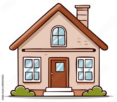 Cartoon illustration of a house with windows, door, chimney and bushes, residential concept