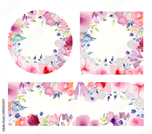 A set of beautiful frames made of watercolor pink flowers. Hand drawn. Not AI, vector illustration.