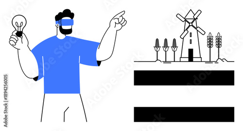 Person wearing VR headset holding light bulb, pointing toward windmill and wheat field. Ideal for innovation, sustainability, virtual reality, green energy, creativity, agriculture, and futuristic