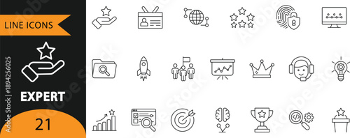 Expert Professional Skills Business Leadership Success Authority Vector Line Icon Set

