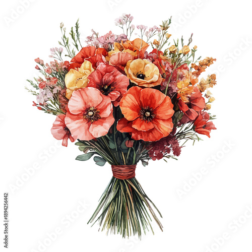 watercolor of Spring Flowers Bouquet, isolated on a white background.