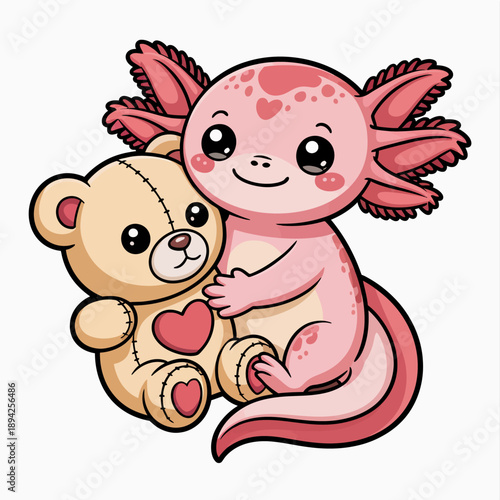 An adorable pink axolotl lovingly embraces a plush teddy bear adorned with a heart on its chest.