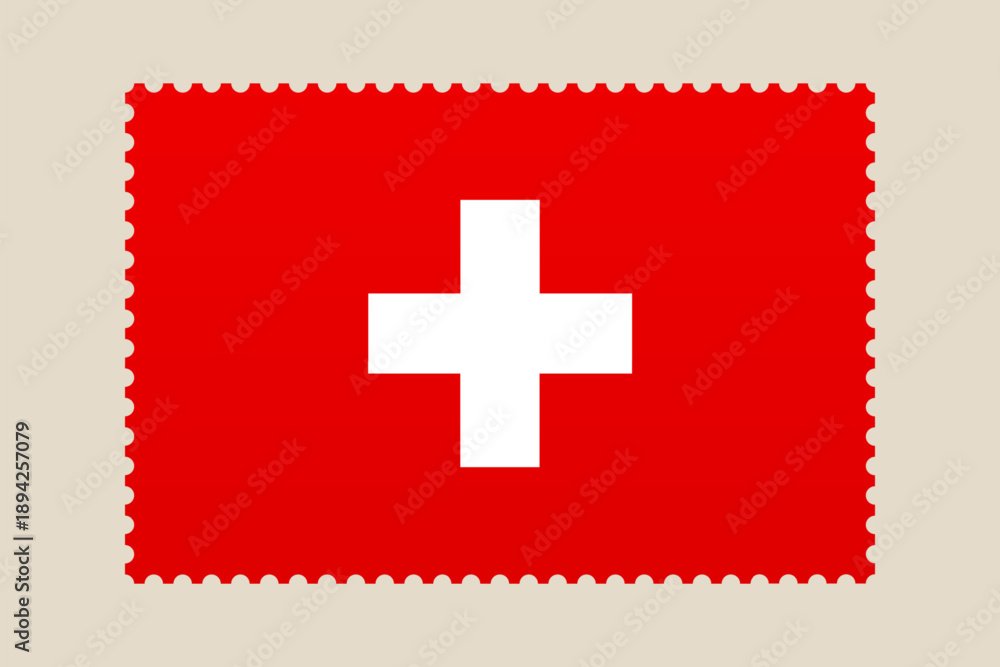 Obraz premium Swiss Flag Postage Stamp Design Illustrating National Identity and Travel to Europe with a Clean Vector Style.