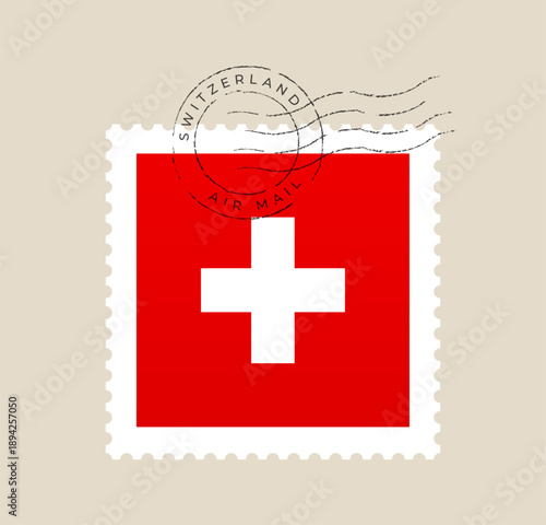 Classic Switzerland Flag Postage Stamp with Grunge Air Mail Postmark for International Travel and National Identity.