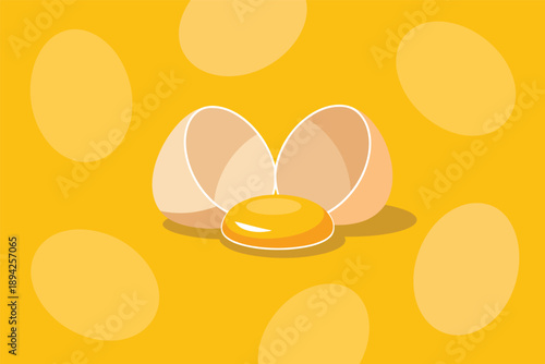 Freshly Cracked Egg with Yolk on Yellow Background, freshness and nutrition concept