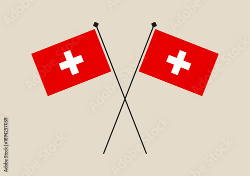Two Swiss Flags Crossed Elegantly, Symbolizing Switzerland's National Pride and International Cooperation, Isolated on a Clean Background.