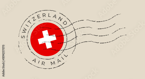 Vintage Switzerland Air Mail Postmark Stamp Featuring Iconic Swiss Flag Symbol with Grunge Distressed Retro Aesthetic.