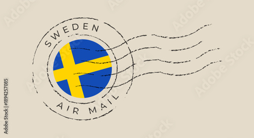 Retro Style Swedish Flag Air Mail Postmark Stamp with Distressed Grunge Texture for International Communication and Travel
