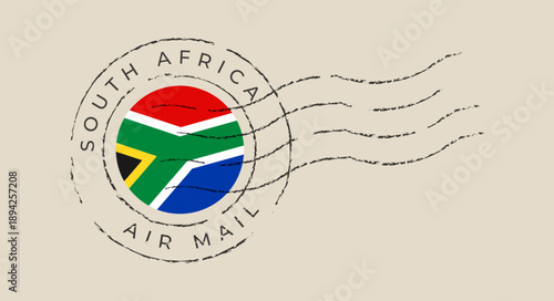 Retro Grunge-Style South African Flag Postmark Symbolizing International Air Mail Communication and National Pride