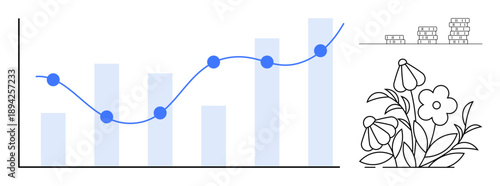 Business success, investment strategies, eco-friendly growth, data trends, financial planning, sustainability. Bars and line graph, coin stacks flowers. Business success investment strategies