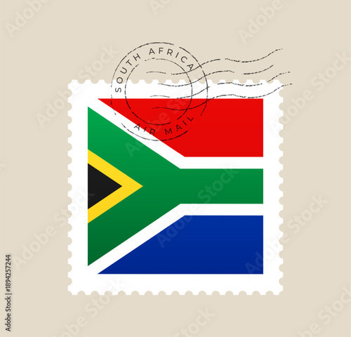 Obraz na płótnie South African Flag Postage Stamp with Distressed Air Mail Postmark, Symbolizing International Travel and National Identity on Beige Background