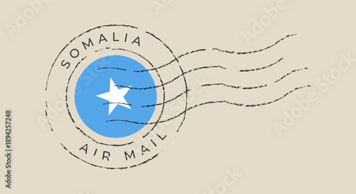 Somalia Flag Circular Postmark with Distressed Air Mail Cancellation Mark, an Authentic Retro Postal Stamp Design.