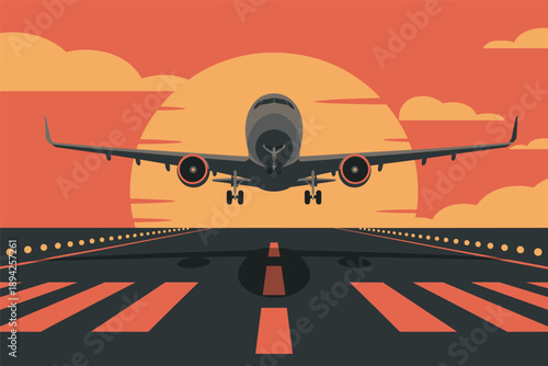 Airplane Taking Off at Sunset on a Runway, air travel concept