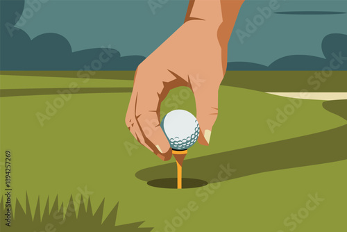 Hand Placing Golf Ball on Tee, preparation and focus concept