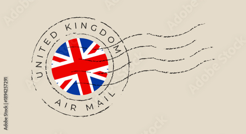 Retro United Kingdom Air Mail Stamp with Grunge Union Jack Flag Postmark Design for International Communication and Vintage Travel.