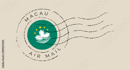 Distressed Macau Air Mail Postal Stamp with National Flag Emblem for Vintage Travel and International Communication Design.