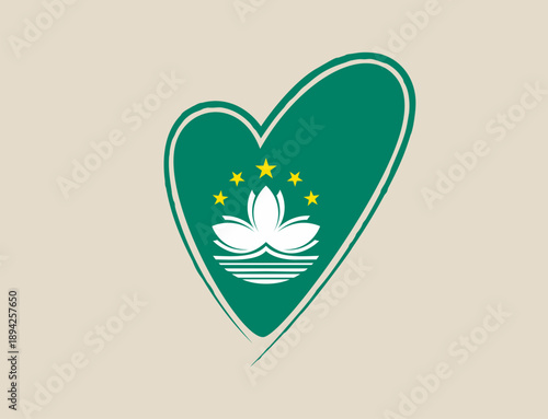 Macau National Flag Emblem with Lotus and Stars, Encased in a Green Heart Shape, Symbolizing Patriotic Love and Identity.