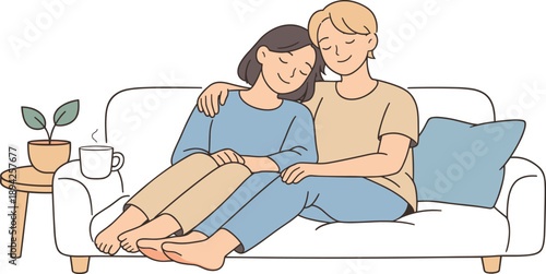 Couple relaxing in a cozy home together, two partners sitting close on a sofa with calm posture and peaceful