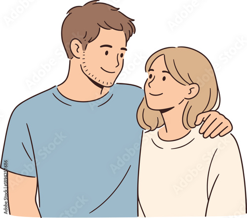 Man and woman smiling together in a calm everyday moment, standing close with relaxed posture and warm
