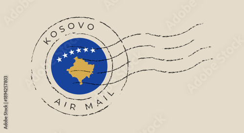 Kosovo Air Mail Postmark Stamp with National Flag and Map Symbol, Distressed Vintage Design for International Correspondence.