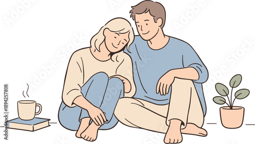 Couple enjoying a calm moment together, two partners sitting close with relaxed posture and soft expressions in