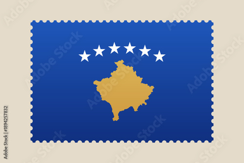 Kosovo Flag Postage Stamp with Map and Stars, Representing National Identity and Patriotic Pride in a Detailed Vector Illustration.