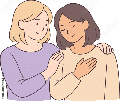 Women supporting each other in a calm everyday moment, two women standing close with gentle smiles and