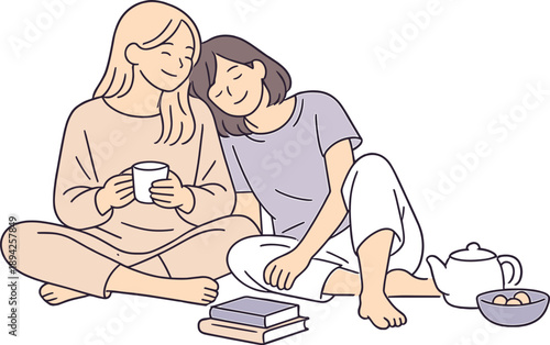 Women friendship in everyday life, two women spending time together with relaxed posture and warm smiles in a
