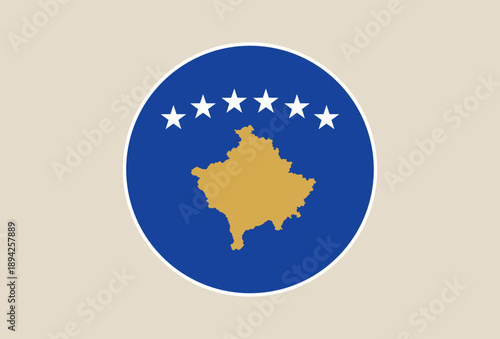 Official Republic of Kosovo flag and map illustration in a modern circular emblem with six stars proudly representing the nation.