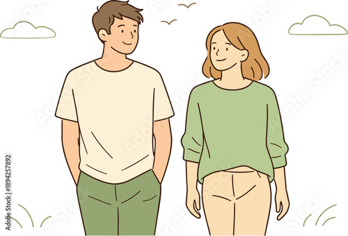 People enjoying fresh air outdoors, two individuals standing or walking side by side with relaxed posture and