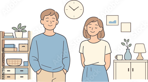 People enjoying an organized space together, two individuals standing calmly in a tidy room with relaxed posture