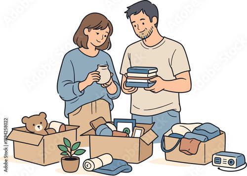 Couple decluttering apartment together, two partners standing close and sorting items with relaxed posture and