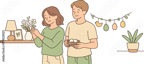  Couple decorating home for spring together, two partners standing close and arranging simple decor with relaxed