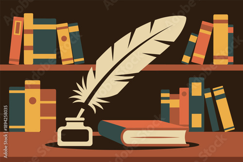 Classic Writing Tools and Bookshelf Scene, literature and education concept