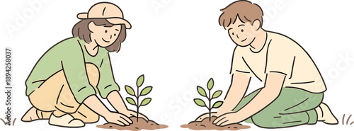 Friends planting young trees together outdoors, two people kneeling and gently placing small saplings into the