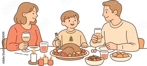 Family sharing a holiday meal together, parents and child sitting around a table with relaxed posture and warm