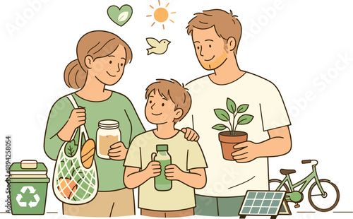 Family choosing eco lifestyle together at home, parents and child standing close while making mindful everyday