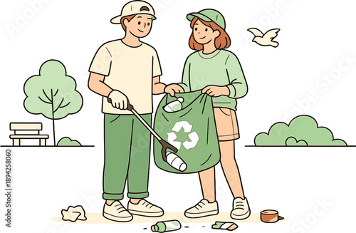  Friends cleaning a public park together, two people picking up litter and holding a reusable bag with relaxed