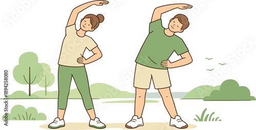riends exercising outdoor together in a calm park setting, two people stretching side by side with relaxed