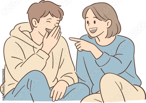  Friends sharing light humor together, two people sitting close and smiling with relaxed posture and playful