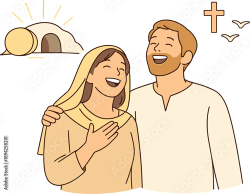 Image Generation. Believers celebrating resurrection together, two people standing close with uplifted smiles and relaxed posture