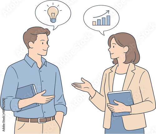 Man and woman in a business discussion, two professionals standing side by side and calmly exchanging ideas with