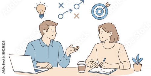 Colleagues planning company strategy together, two professionals sitting at a table and discussing ideas with