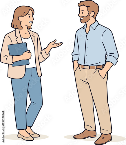 Business people having a casual conversation, two professionals standing comfortably and talking with relaxed