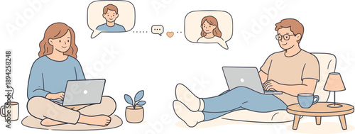 Image Generation. Team working remote together, two professionals sitting separately with laptops and relaxed posture while