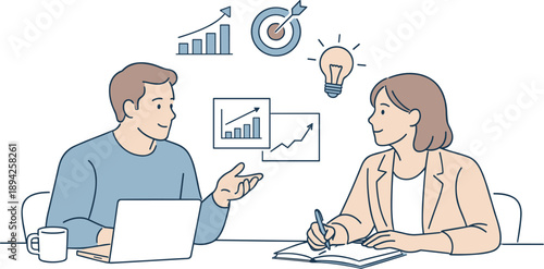 Business planning future growth together, two professionals sitting at a table and calmly discussing next steps