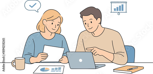 Team reviewing work progress together, two professionals sitting at a desk and calmly checking results with